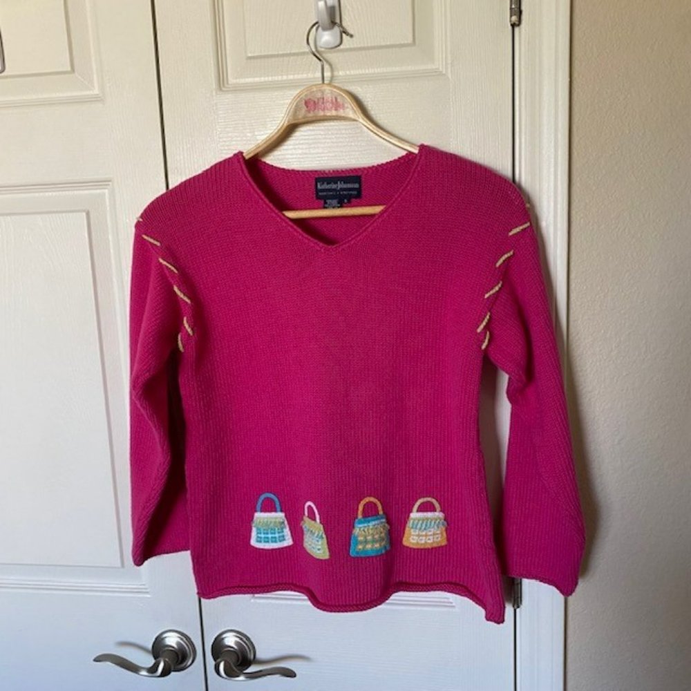 Katherine Johansson Martha's Vineyard Hand Knit Sweater Women S Pink w/Baskets